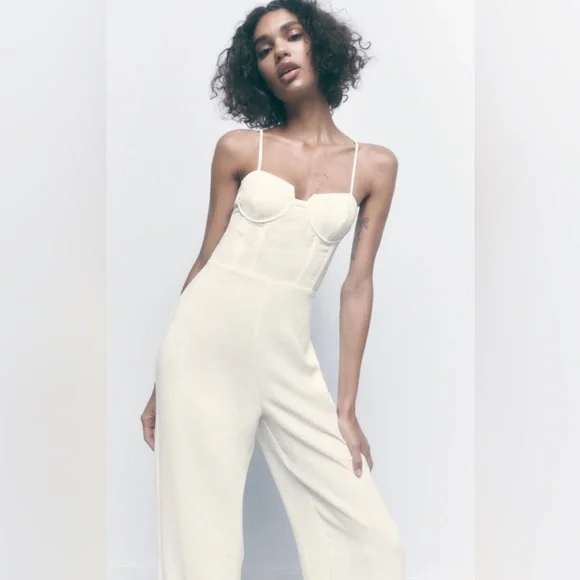 ZARA WIDE LEG PALAZZO CORSETRY INSPIRED JUMPSUIT CORSET LIKE  WHITE XS - Picture 2 of 5